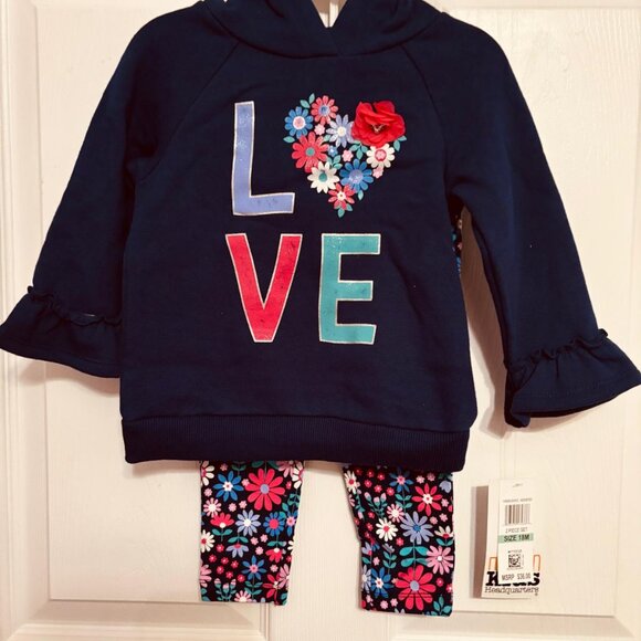 Kids Headquarters Girl Hoodie & Floral Leggings Outfit Set Navy 18M - Picture 2 of 7